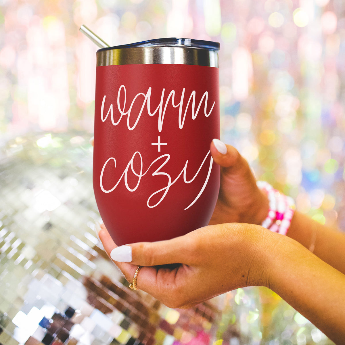 Gia Roma Warm + Cozy 17oz tumbler in red with stainless lid and white cursive text on Tampa Home & Garden Store