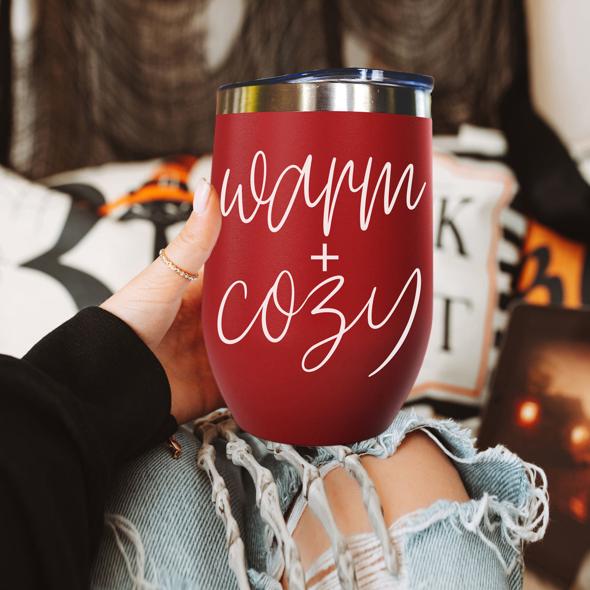Warm + Cozy 17oz tumbler by Gia Roma in matte red with white script on Tampa Home & Garden Store