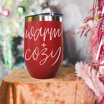 Warm + Cozy 17oz red tumbler by Gia Roma with white cursive text on Tampa Home & Garden Store