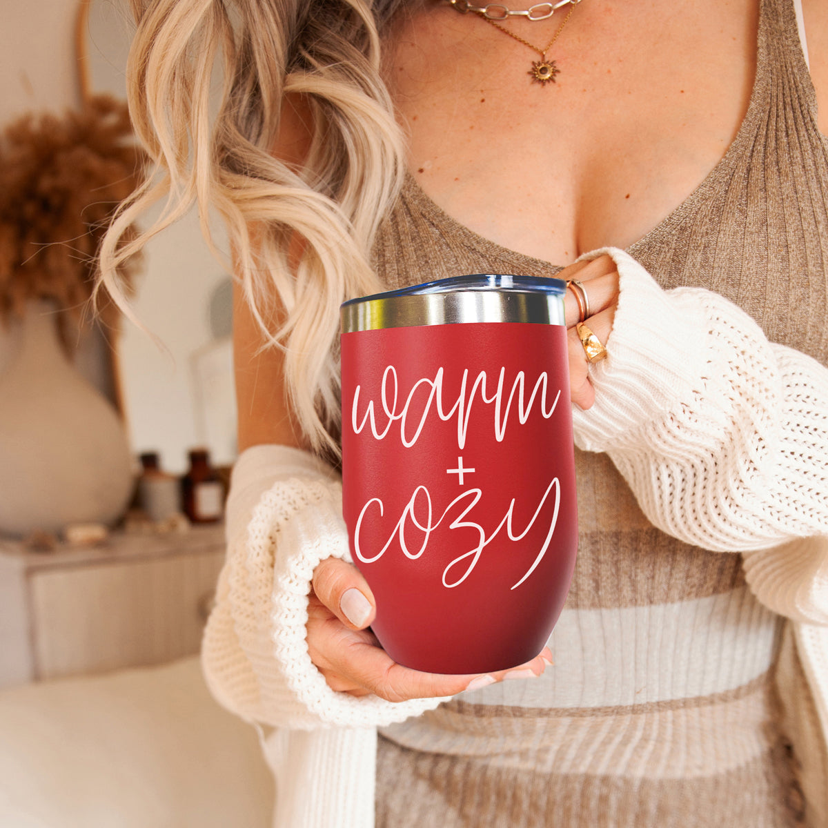 Warm + Cozy 17oz red tumbler by Gia Roma with white script and blue lid on Tampa Home & Garden Store