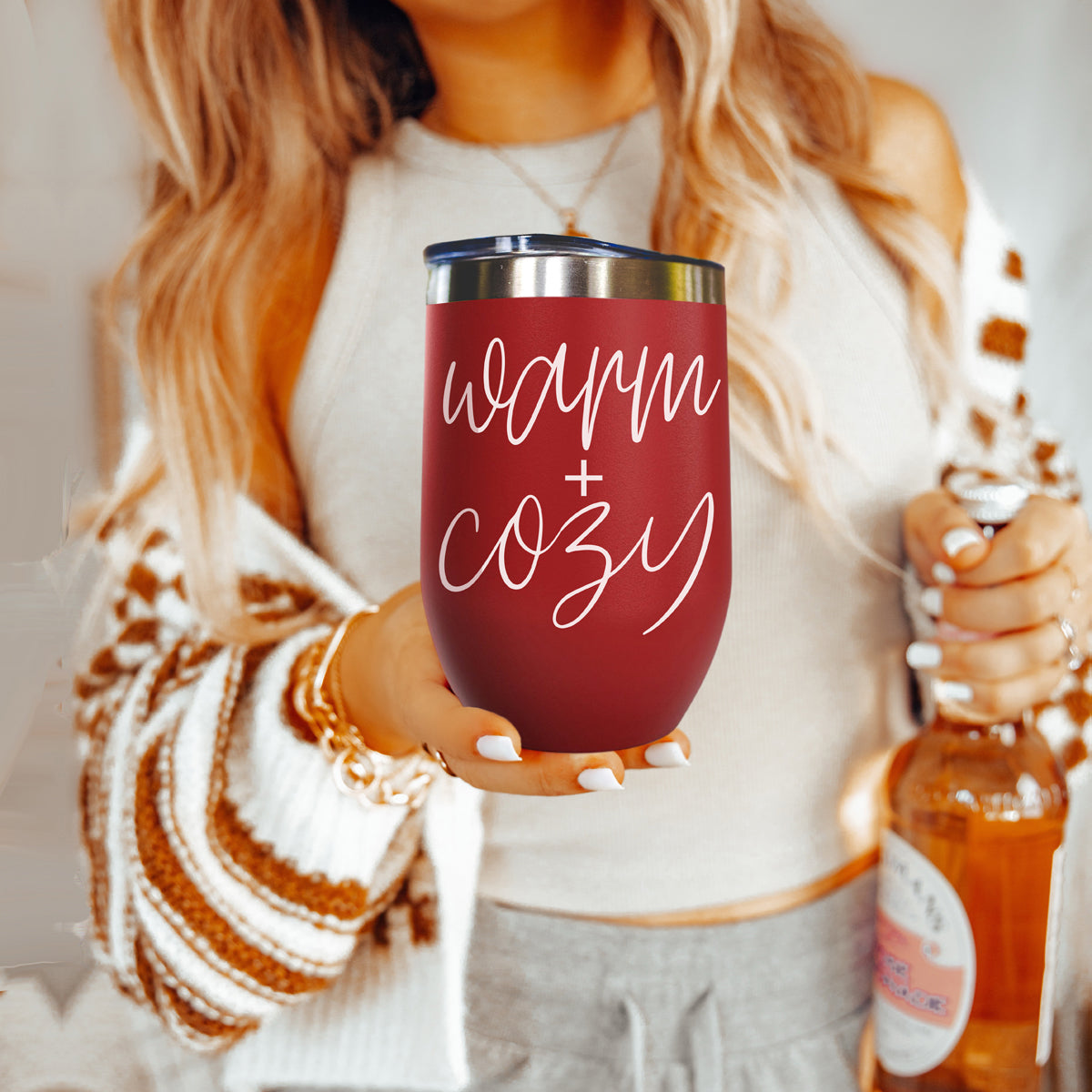 Gia Roma Warm + Cozy 17oz tumbler in burgundy with white script, stainless steel lid on Tampa Home & Garden Store