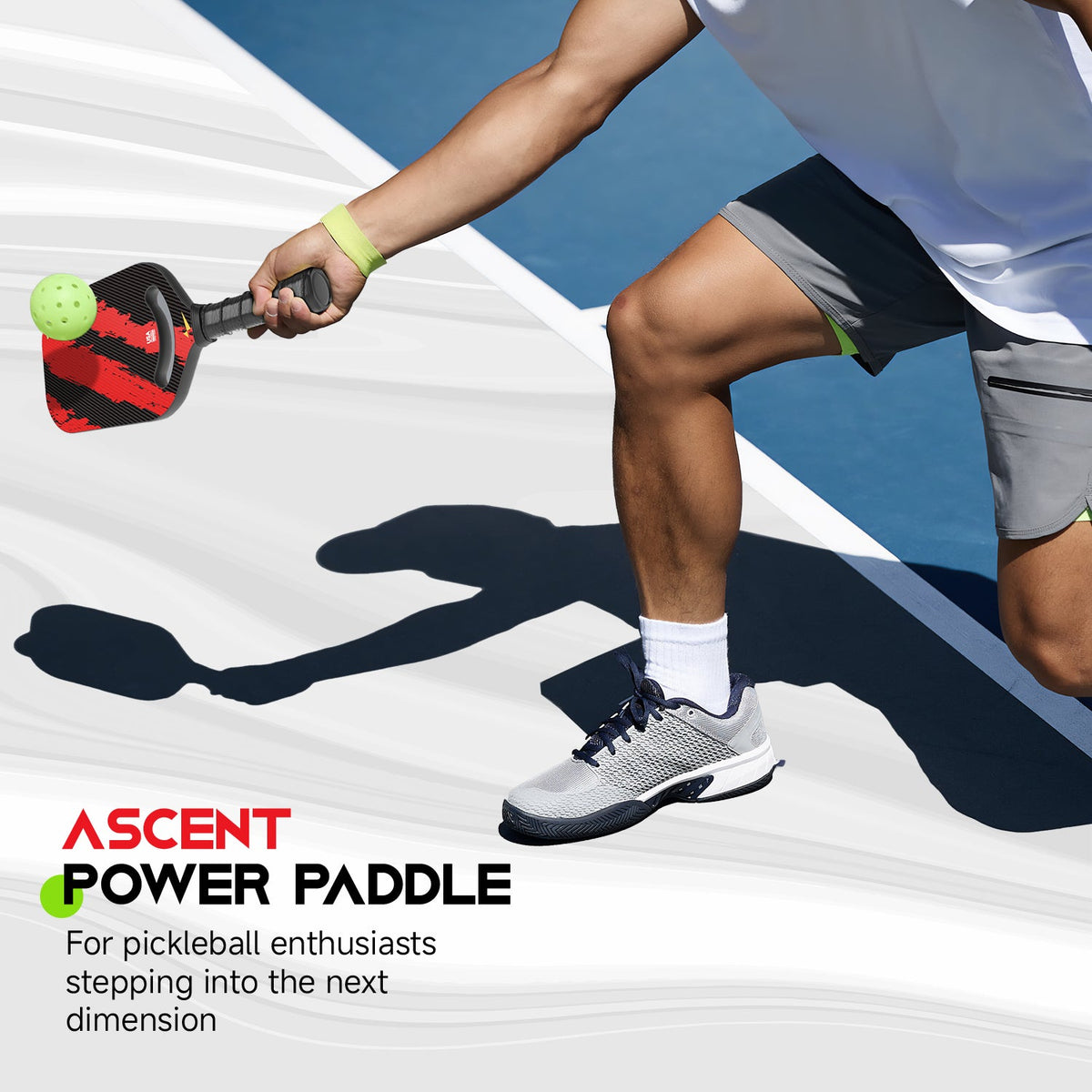 Ascent Power Paddle pickleball paddle with red black pattern and lime ball held by athlete on Tampa Home & Garden Store
