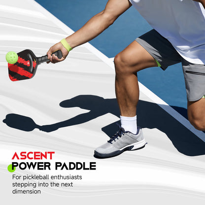 Ascent Power Paddle pickleball paddle with red black pattern and lime ball held by athlete on Tampa Home & Garden Store