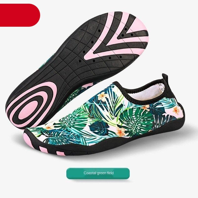 Stevvex water shoes with tropical leaf print, pink-accented sole, quick-dry aqua footwear on Tampa Home & Garden Store