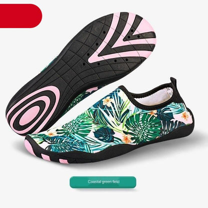 Stevvex water shoes with tropical leaf print, pink-accented sole, quick-dry aqua footwear on Tampa Home & Garden Store