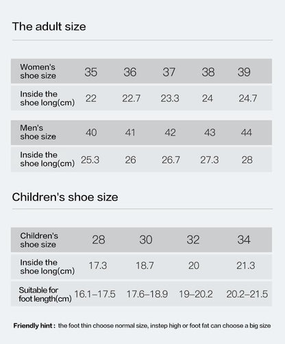 Stevvex water sneakers size chart for adults, kids and unisex with inside shoe length in cm on Tampa Home & Garden Store