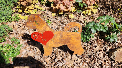 Portuguese Water Dog garden stake in rustic metal with red heart accent by Rustica Ornamentals on Tampa Home & Garden Store