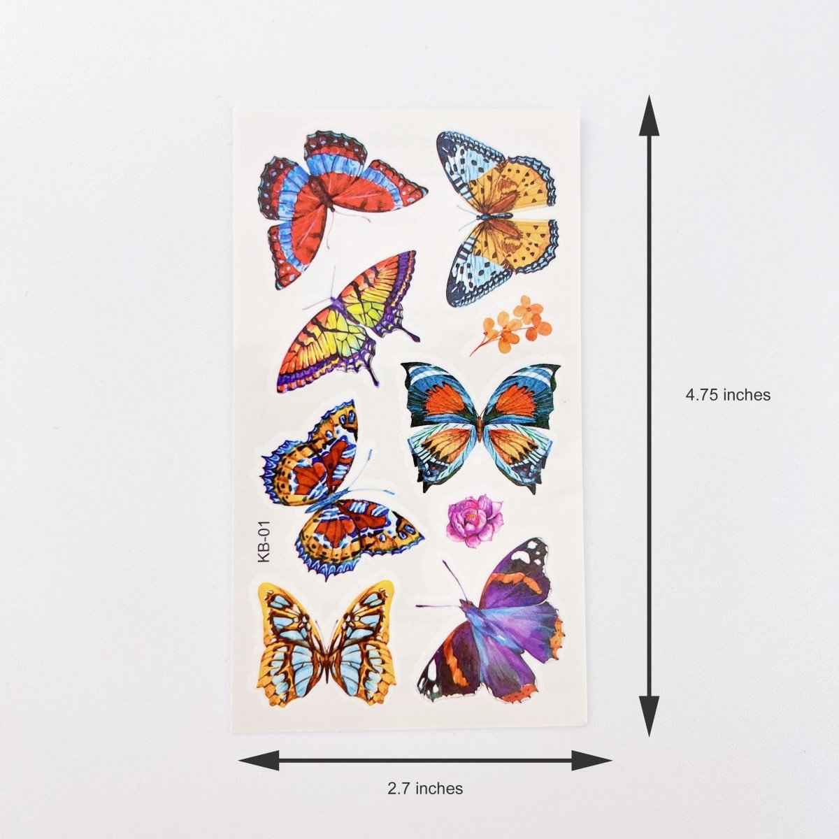 Waterproof butterfly tattoos sheet by Shaketea; colorful butterfly designs on white sheet on Tampa Home & Garden Store