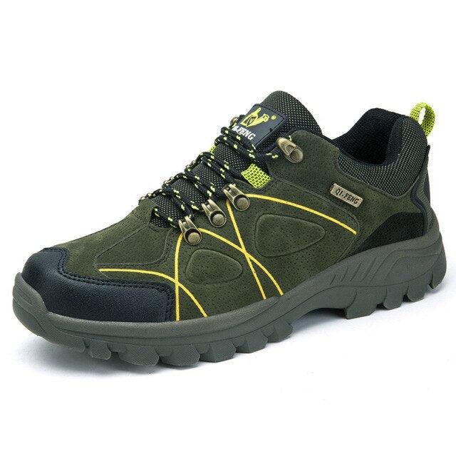 Waterproof hiking boots Stevvex olive green suede with black toe cap and rugged outsole on Tampa Home & Garden Store