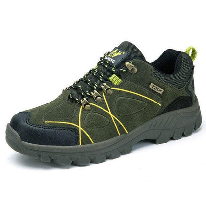 Waterproof hiking boots Stevvex olive green suede with black toe cap and rugged outsole on Tampa Home & Garden Store