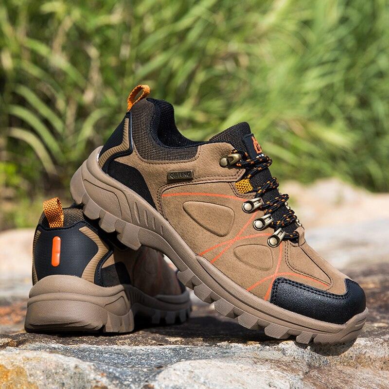 Stevvex men's waterproof hiking boots tan brown suede with orange accents and outsole on Tampa Home & Garden Store