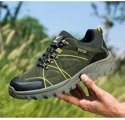 Stevvex waterproof hiking boot olive green with yellow accents and rugged outsole on Tampa Home & Garden Store