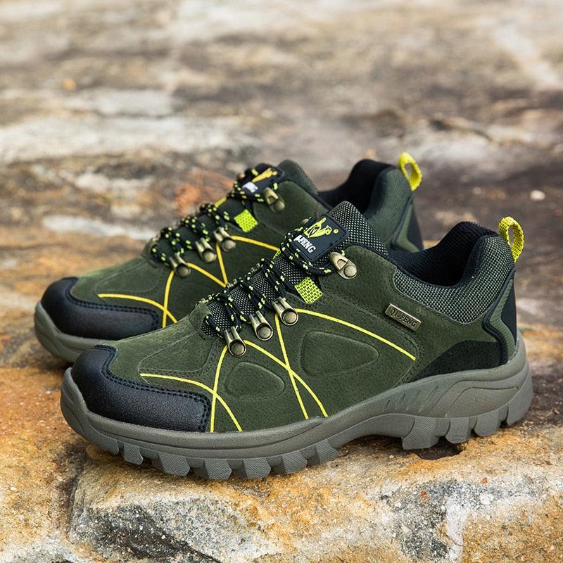 Stevvex men's waterproof hiking boots pair olive-green suede with yellow accents rugged outsole on Tampa Home & Garden Store