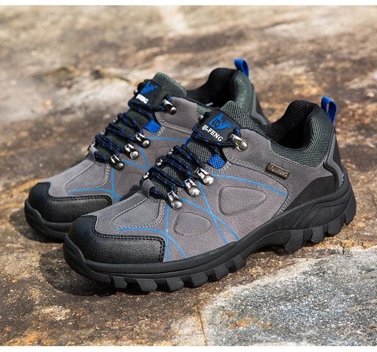 Stevvex waterproof hiking boots pair grey and black with blue laces and rugged lug outsole on Tampa Home & Garden Store