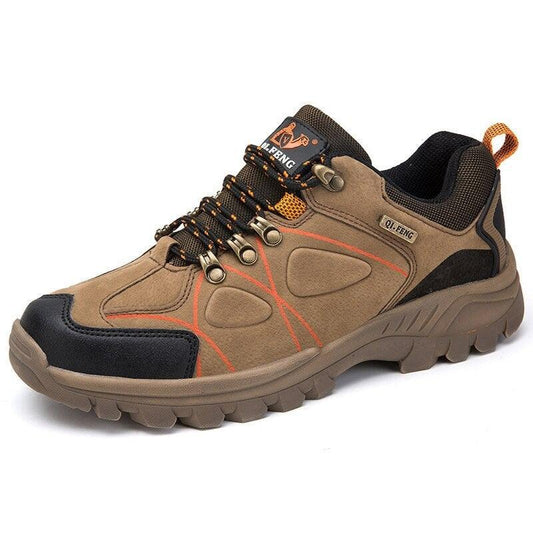 Stevvex men's waterproof hiking boots tan with black toe cap and orange trim, rugged outsole on Tampa Home & Garden Store