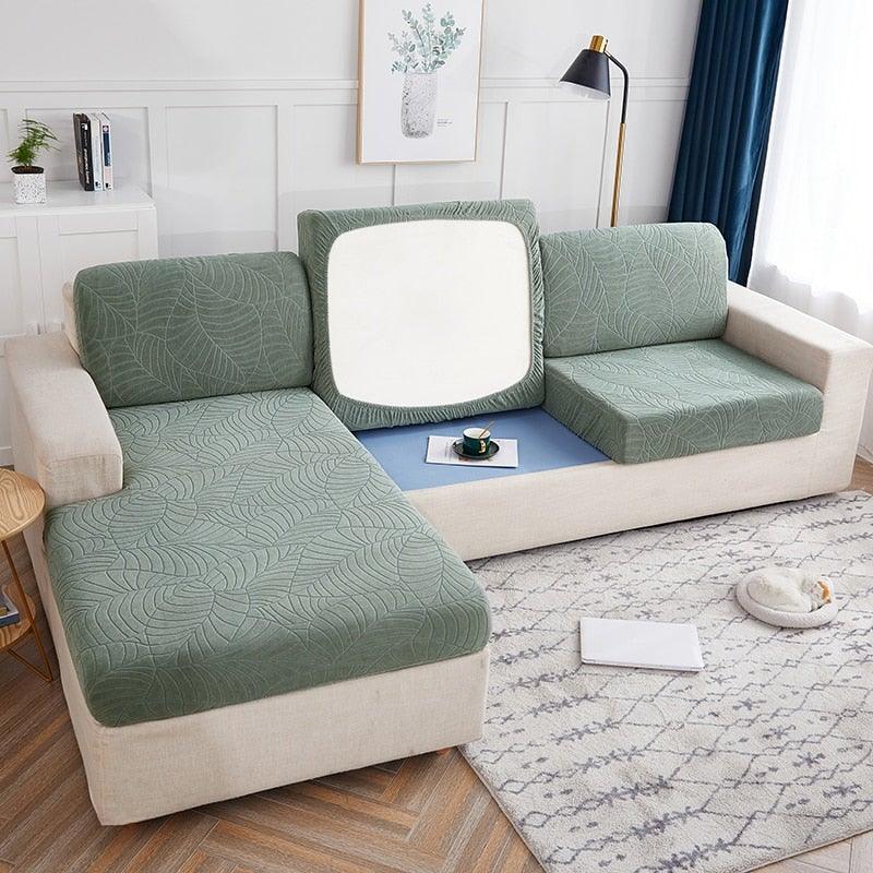Waterproof Seaters Cushion Sofa Seat Cover green leaf-pattern on beige sectional Stevvex on Tampa Home & Garden Store