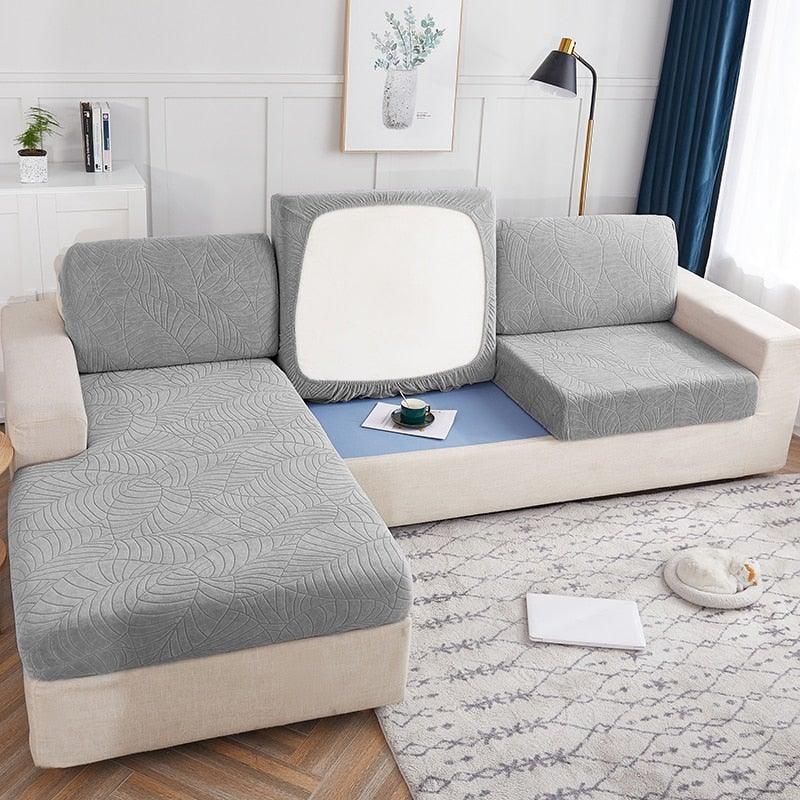 Stevvex waterproof sofa cushion cover set in grey leaf-pattern fabric for L-shaped sectional on Tampa Home & Garden Store