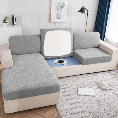 Stevvex waterproof sofa cushion cover set in grey leaf-pattern fabric for L-shaped sectional on Tampa Home & Garden Store