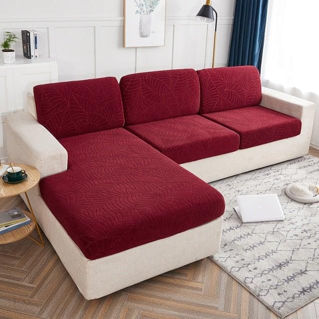 Stevvex Waterproof Sofa Cushion Covers red on beige sectional; reversible and water resistant on Tampa Home & Garden Store