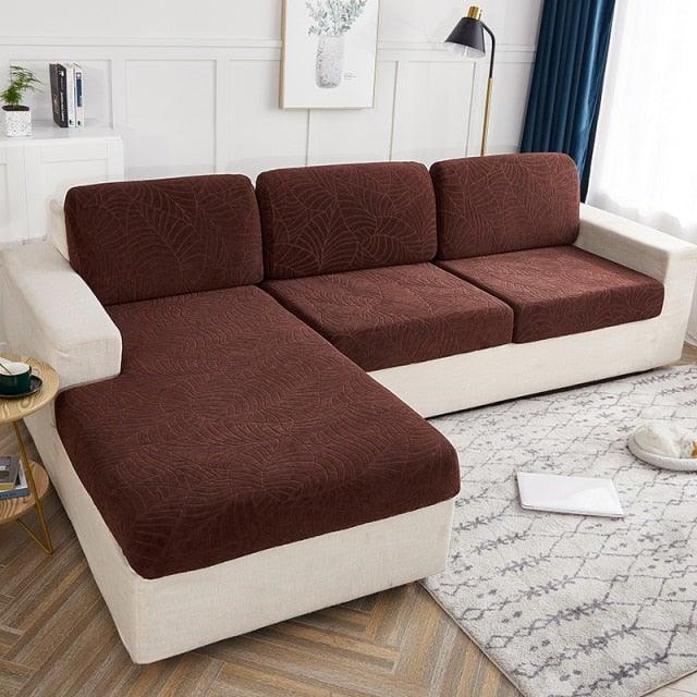 Stevvex waterproof seater cushion sofa seat cover in brown leaf-pattern on beige sectional on Tampa Home & Garden Store