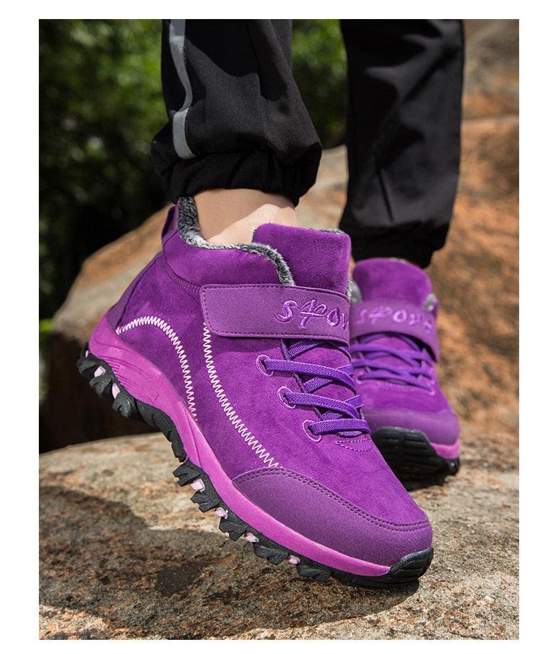 Waterproof winter boots Stevvex purple pair with fur lining high-top rugged lug sole on Tampa Home & Garden Store