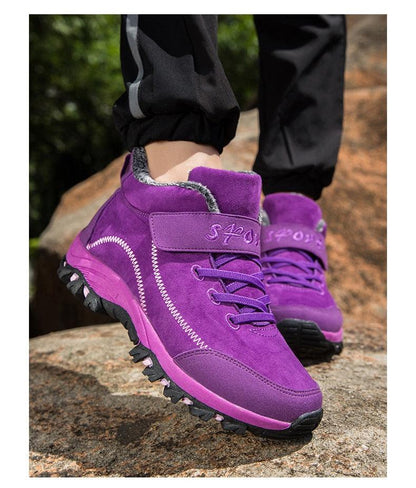 Waterproof winter boots Stevvex purple pair with fur lining high-top rugged lug sole on Tampa Home & Garden Store
