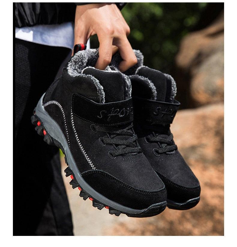 Stevvex waterproof winter boots with fur lining black high top snow boots pair on Tampa Home & Garden Store
