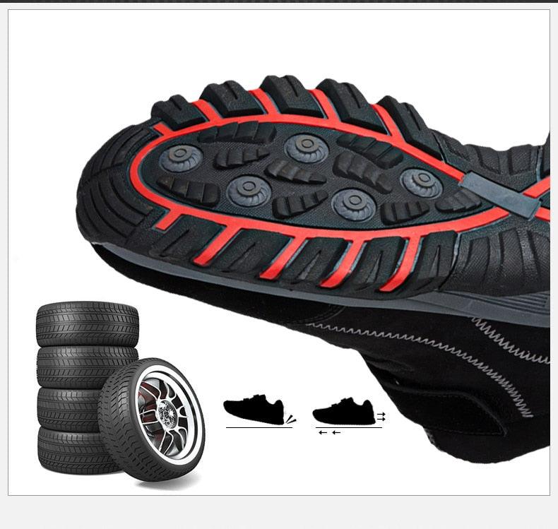 Waterproof winter boot outsole close-up with black tread and red accents, tire stack and wheel graphic on Tampa Home & Garden Store
