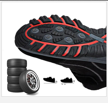 Waterproof winter boot outsole close-up with black tread and red accents, tire stack and wheel graphic on Tampa Home & Garden Store