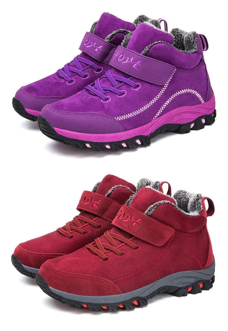 Stevvex waterproof winter boots purple and red fur-lined high-top pair with rugged lug soles on Tampa Home & Garden Store