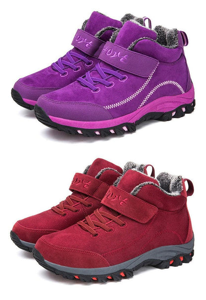 Stevvex waterproof winter boots purple and red fur-lined high-top pair with rugged lug soles on Tampa Home & Garden Store