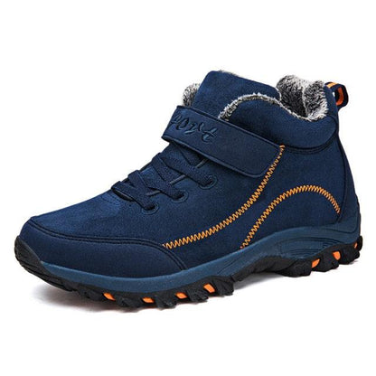 Stevvex navy blue waterproof winter boots with fur lining, high-top with orange accents on Tampa Home & Garden Store