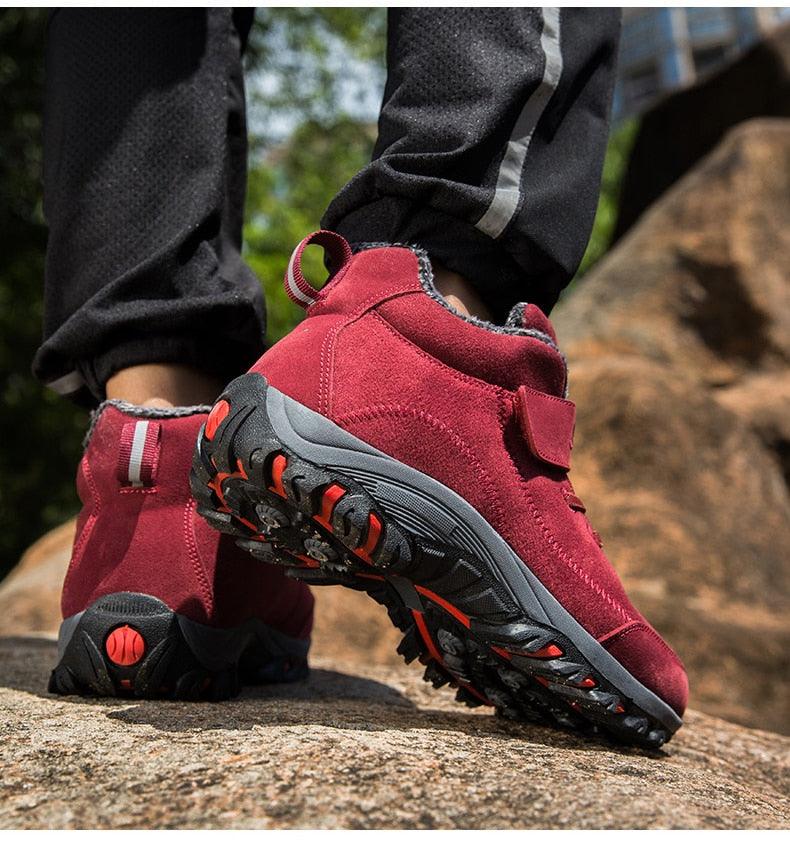 Stevvex red suede waterproof winter boots with fur lining, ankle booties, rugged outsole on Tampa Home & Garden Store