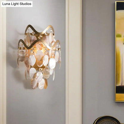 Wave Sconce Light - Gold Wall Mount with Flower Crystal/Shell Accent