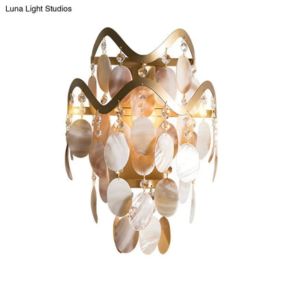 Wave Sconce Light - Gold Wall Mount with Flower Crystal/Shell Accent