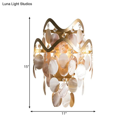 Wave Sconce Light - Gold Wall Mount with Flower Crystal/Shell Accent