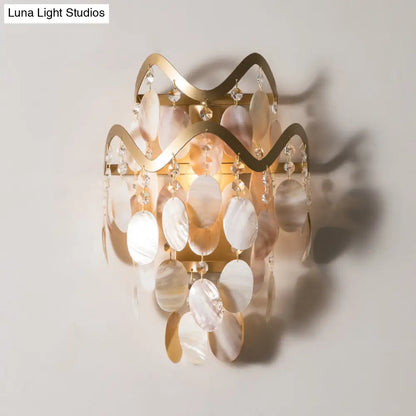 Wave Sconce Light - Gold Wall Mount with Flower Crystal/Shell Accent