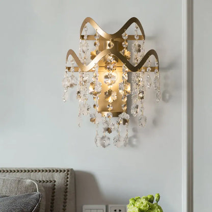 Wave Sconce Light - Gold Wall Mount with Flower Crystal/Shell Accent