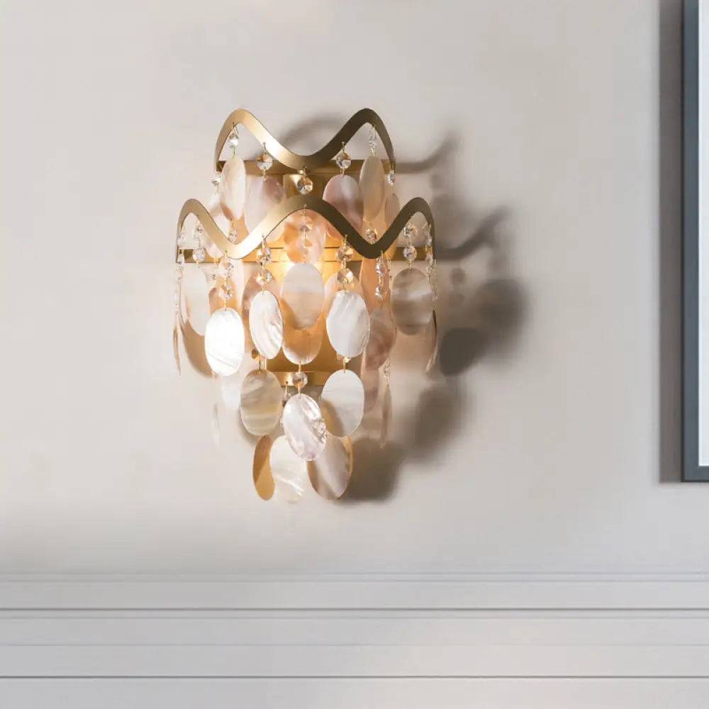 Wave Sconce Light - Gold Wall Mount with Flower Crystal/Shell Accent