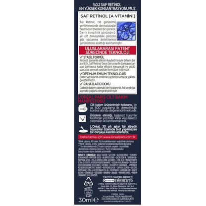 L'Oreal Paris Revitalift retinol face serum label in Turkish, 30 ml on Tampa Home & Garden Store
