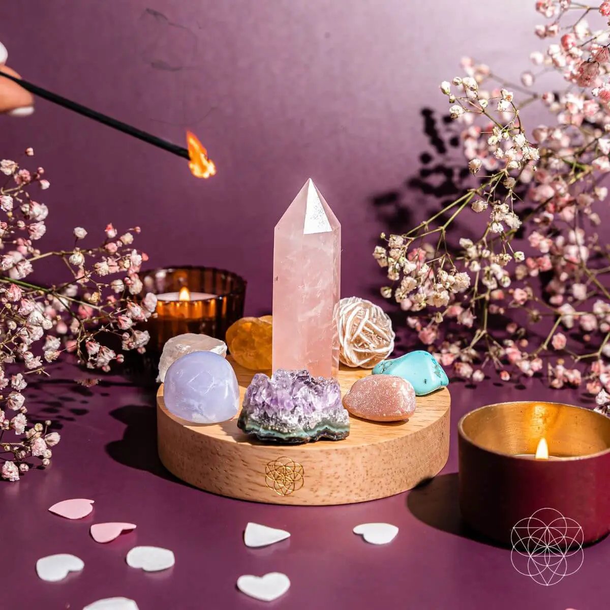 Wealth Goddess Divine Feminine Lamp night light with rose quartz crystal tower on a wooden base on Tampa Home & Garden Store