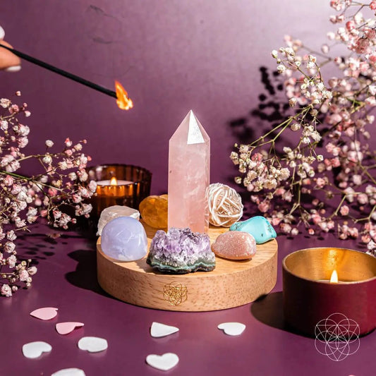 Wealth Goddess Divine Feminine Lamp night light with rose quartz crystal tower on a wooden base on Tampa Home & Garden Store