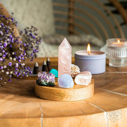 Wealth Goddess Divine Feminine Lamp night light with pink quartz crystal centerpiece on wood base on Tampa Home & Garden Store