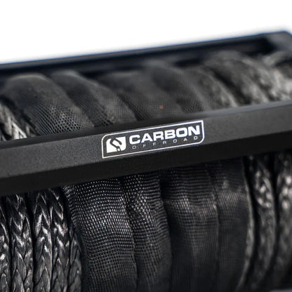 Carbon Offroad Long Drum 6000lb winch with black braided rope and logoed frame on Tampa Home & Garden Store