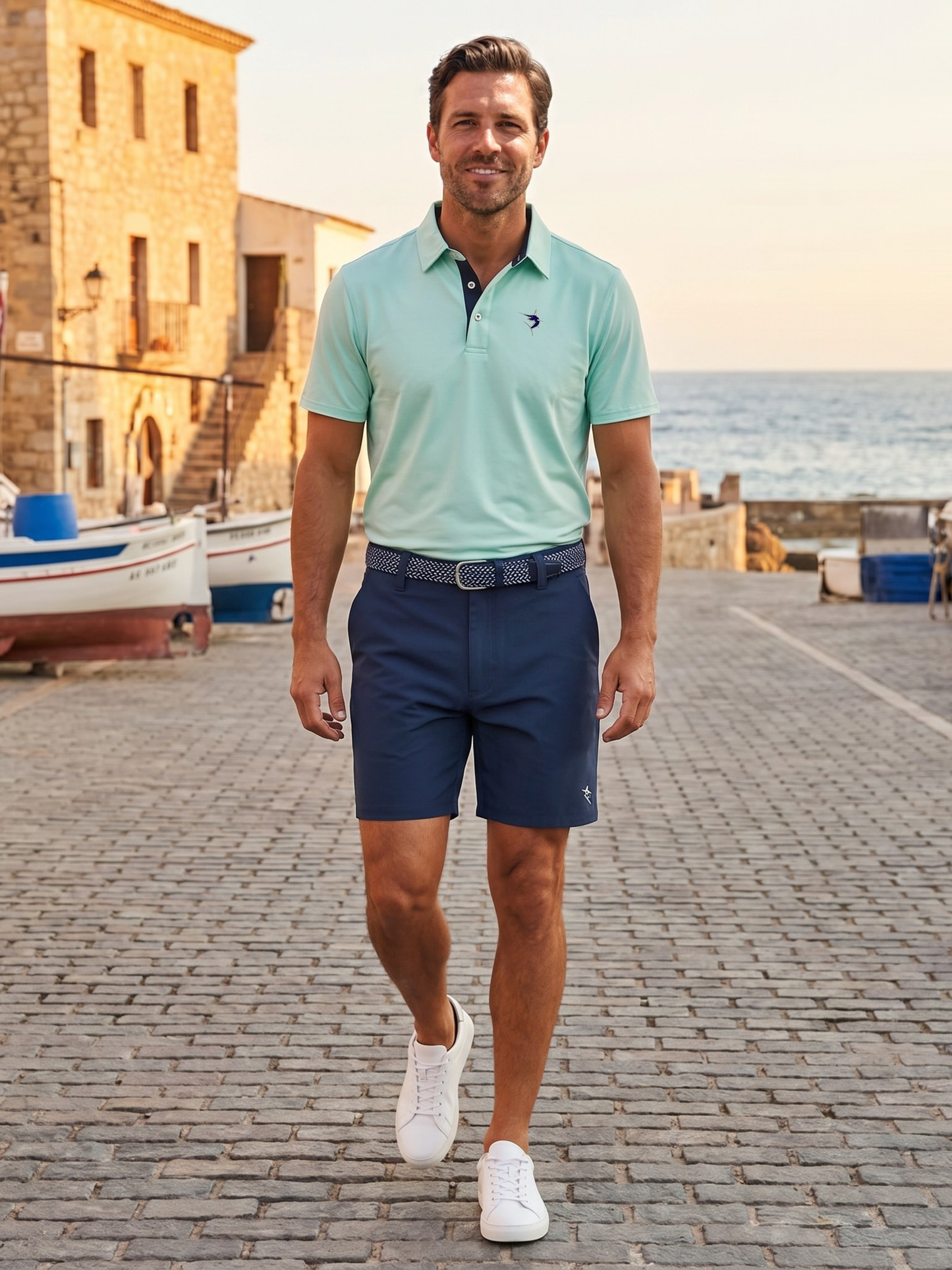 Coastal Performacne Polo White Water Life mint green polo with navy placket at seaside harbor on Tampa Home & Garden Store