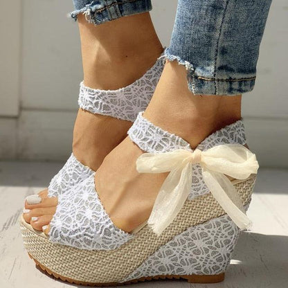 White lace wedding platform sandals with ankle strap and bow, espadrille wedge on Tampa Home & Garden Store