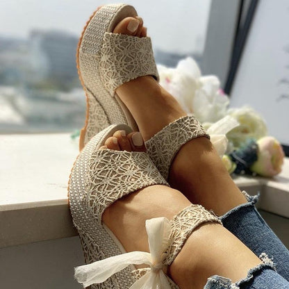 Stevvex lace platform sandals beige espadrille with ankle strap bow on Tampa Home & Garden Store