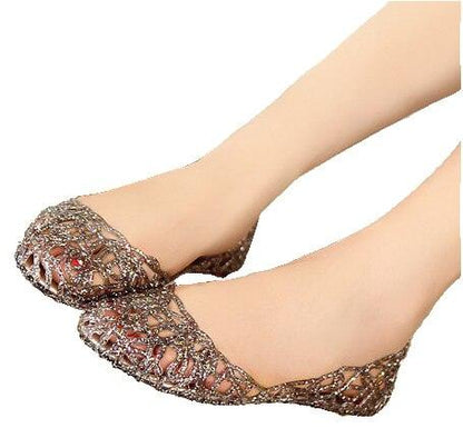 Crystal lattice sandals by Stevvex for women, glittery bronze finish slip-on flats on Tampa Home & Garden Store