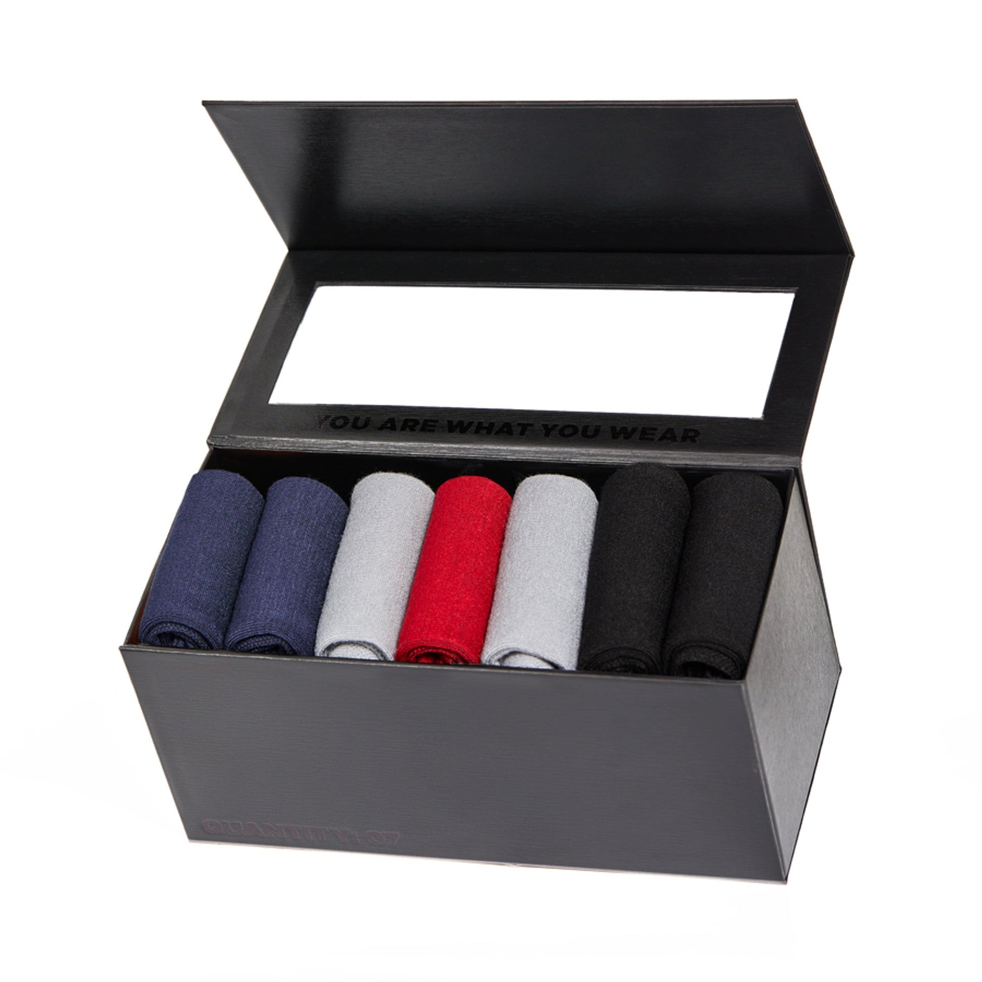 Weekly Sply 7-Pack boardroom dress socks by DeadSoxy in navy, grey, red, black in a black box on Tampa Home & Garden Store