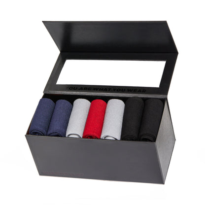 Weekly Sply 7-Pack boardroom dress socks by DeadSoxy in navy, grey, red, black in a black box on Tampa Home & Garden Store